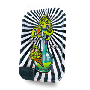 Best Buds Smoke Me Large Metal Rolling Tray with Magnetic Grinder Card 17.5x27.5 cm
